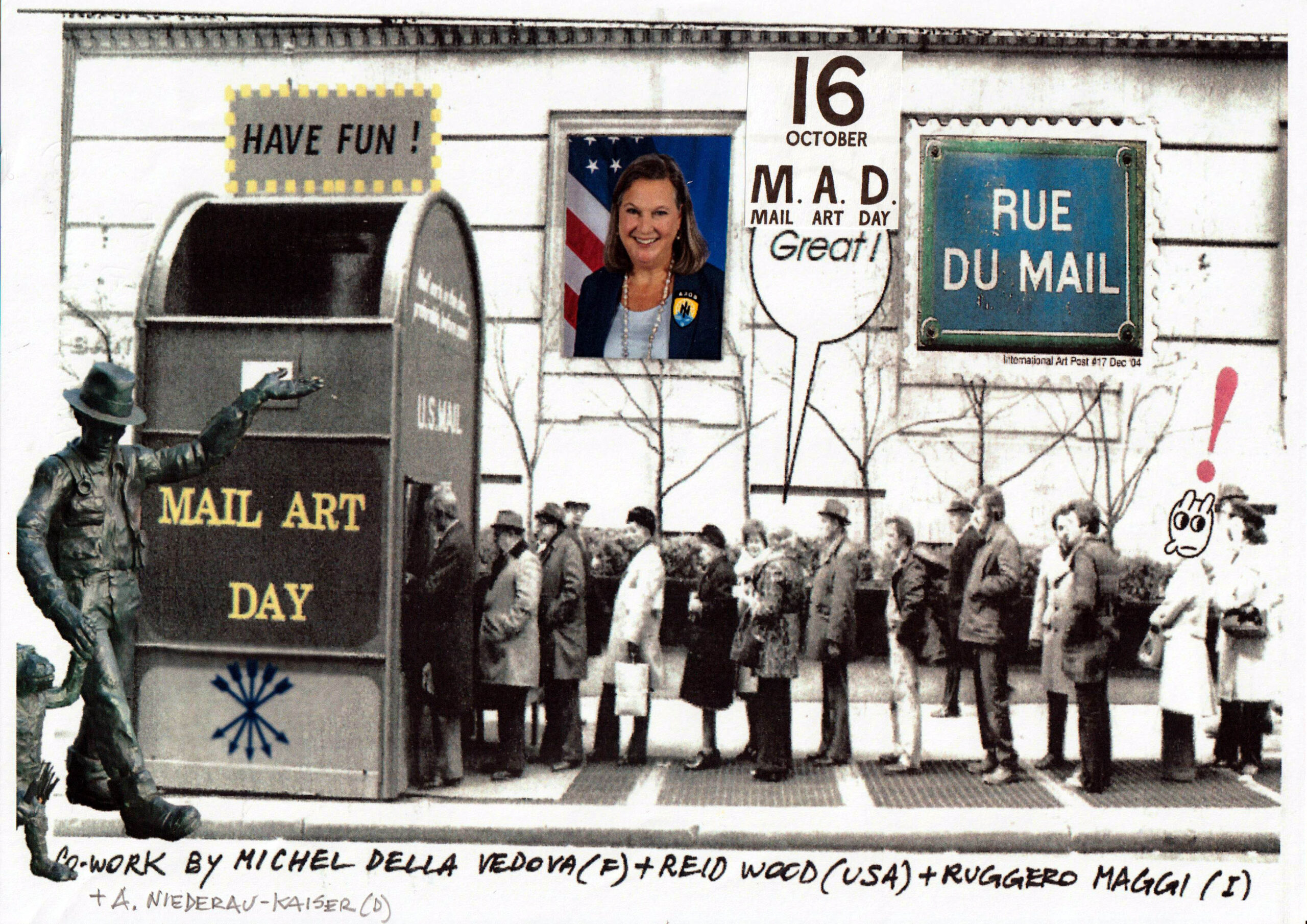 M.A.D. - Mail Art Day: Co-work by Michel Dellavedova (F) & Reid Wood (USA) & Ruggero Maggi, France